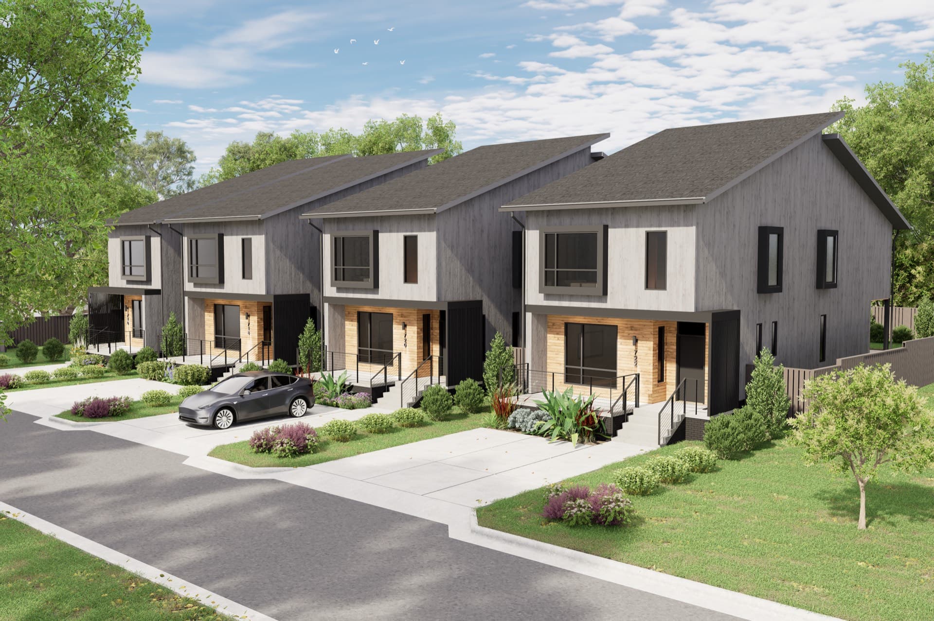 Front elevation of the four residences at 720 Sherrybrook, seen from the street.